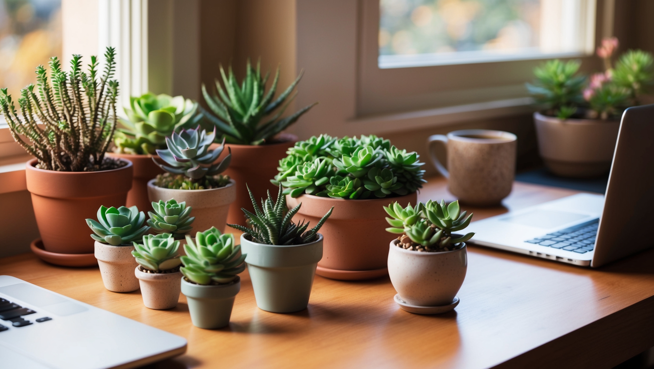 Desk plant succulents in a cozy office setup