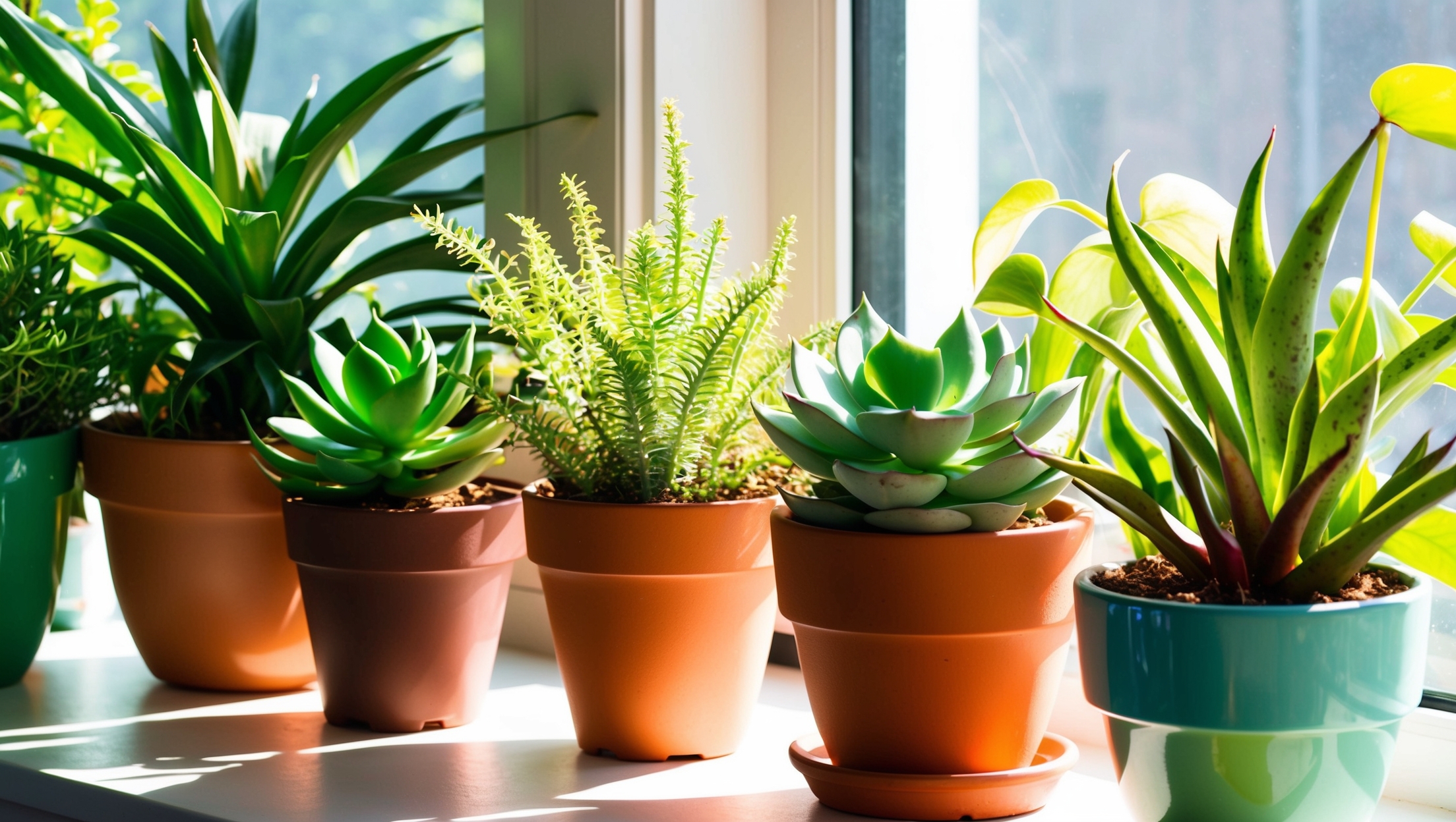 Spider plants and succulents by a sunny window