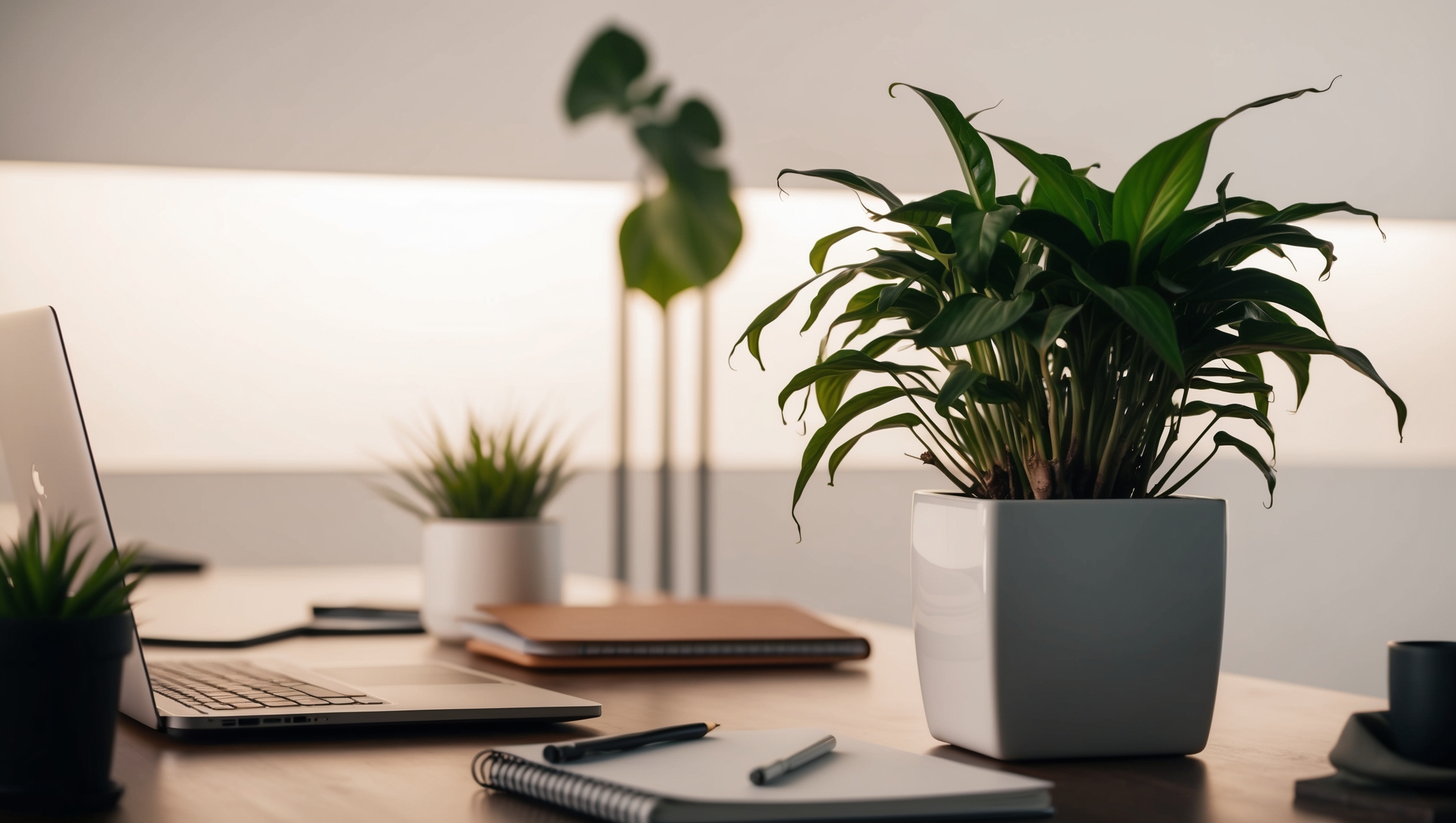 Work desk with plant enhancing productivity
