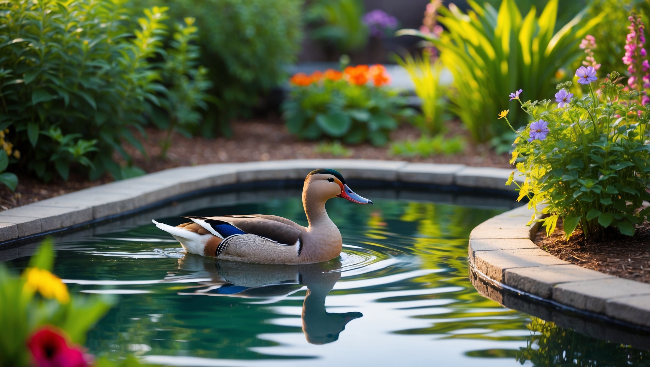 Mandarin duck swimming in a serene garden pond