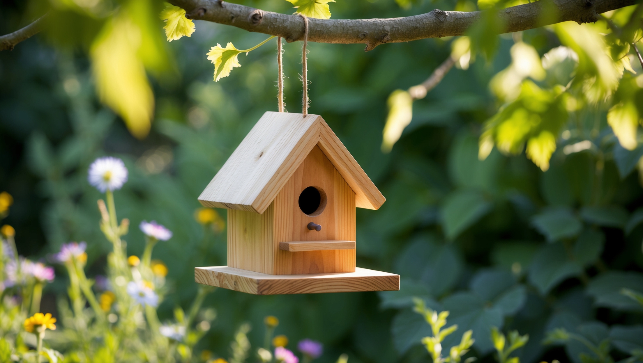 Nestled birdhouse in a lush garden