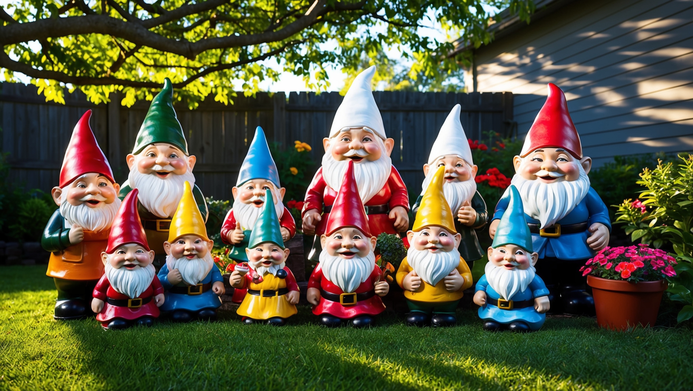 An inviting backyard garden with a cheerful gnome display