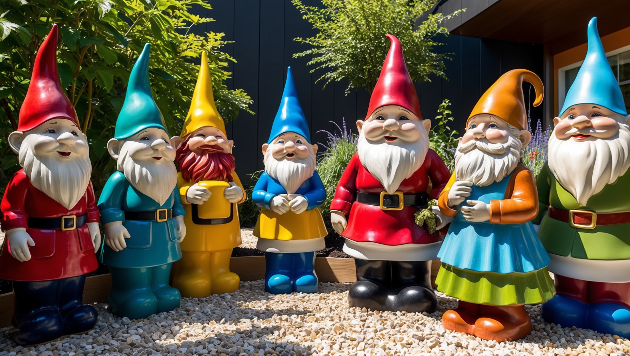 Modern garden with various gnome statues