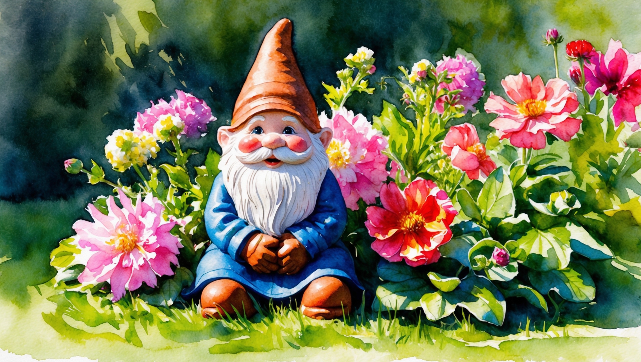 Vintage clay gnome in a lush garden setting