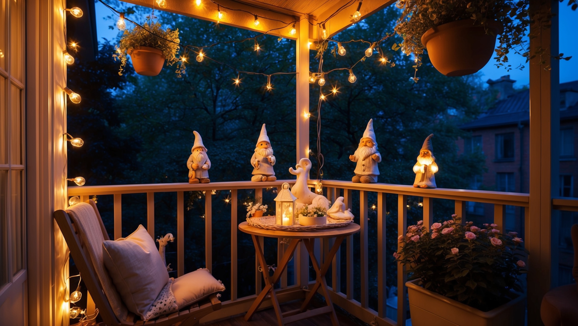 Balcony garden with fairy lights and decorative elements