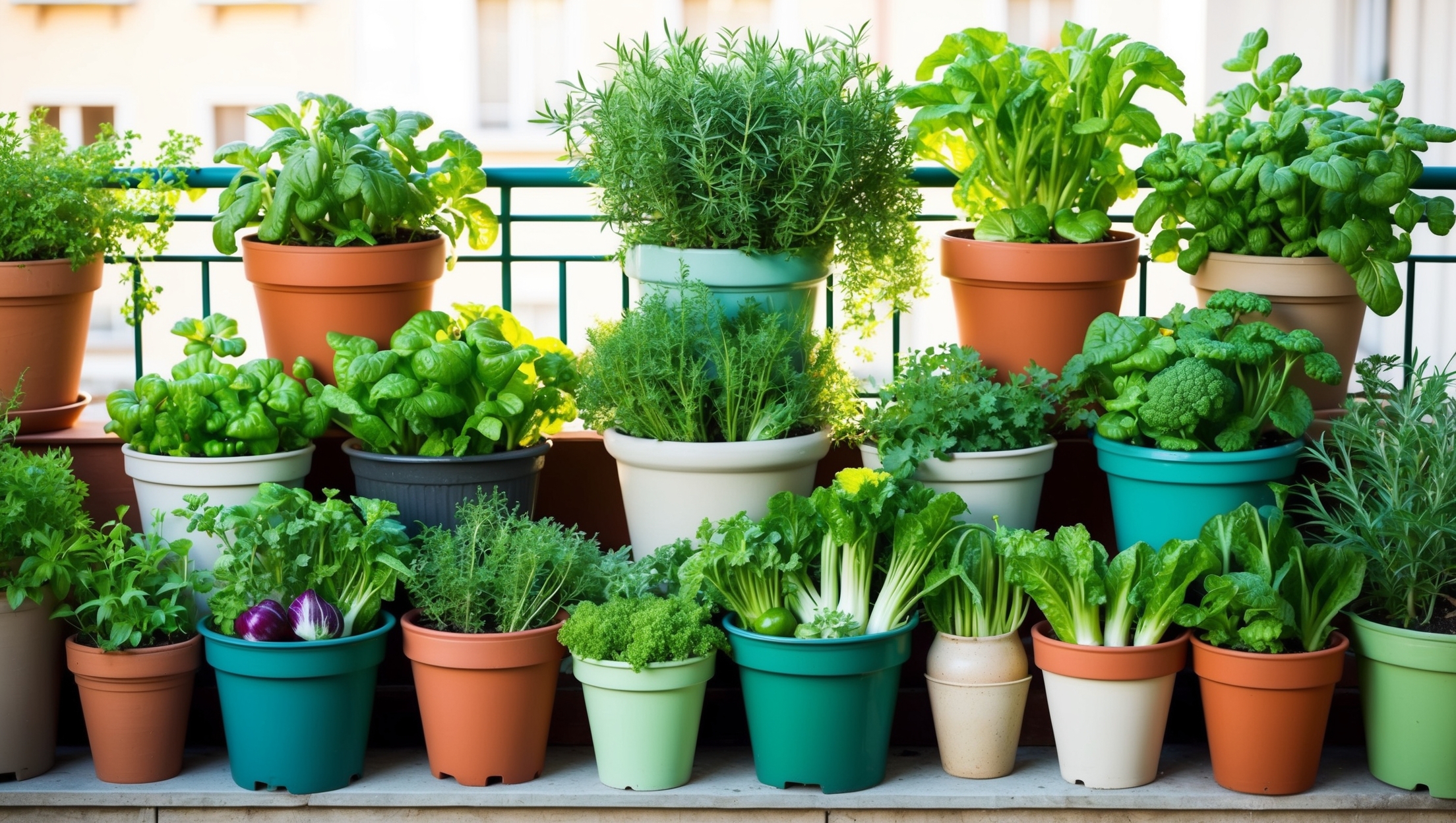 Collection of colorful garden pots filled with herbs and vegetables