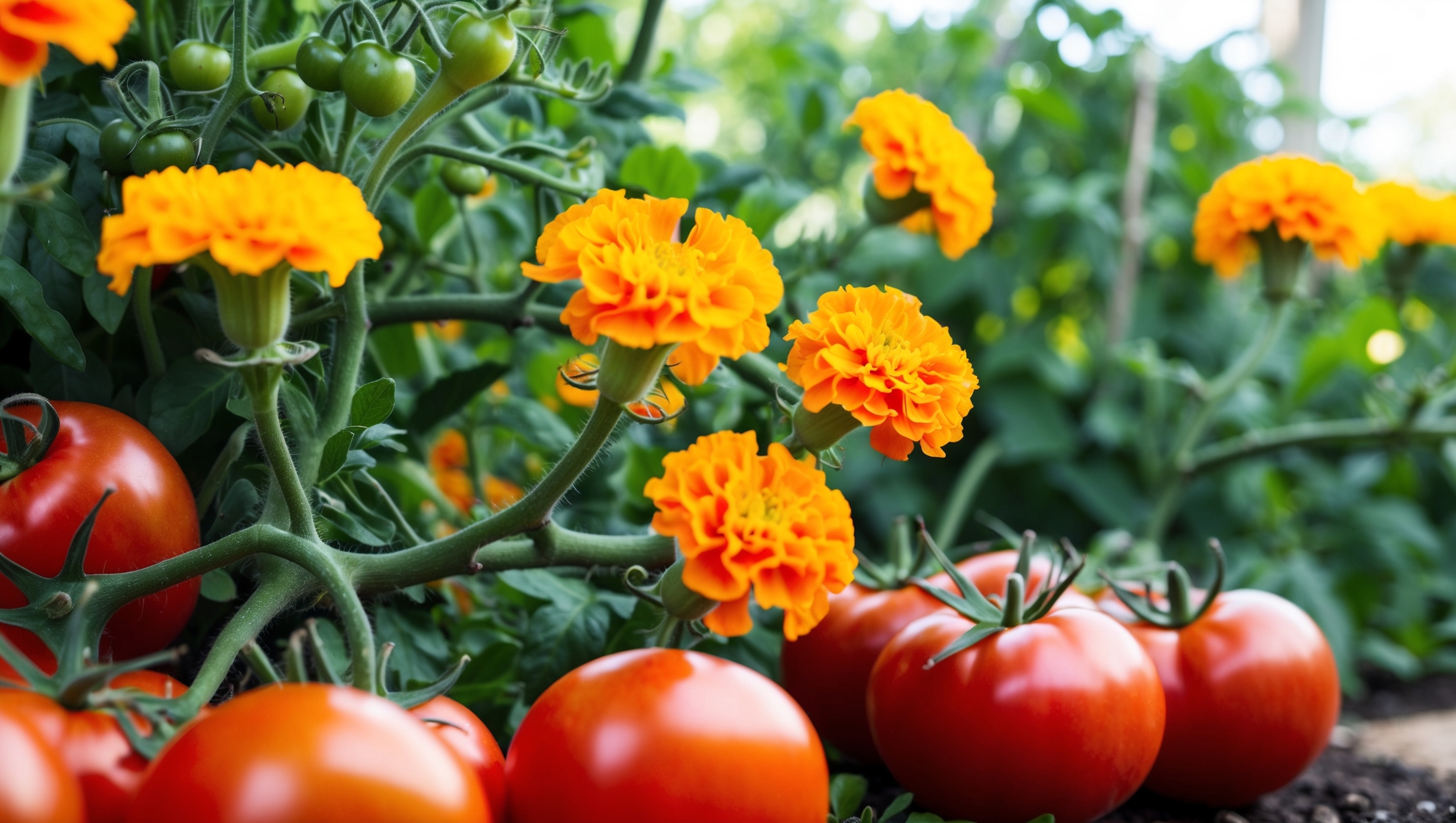 Companion planting with marigolds and tomatoes
