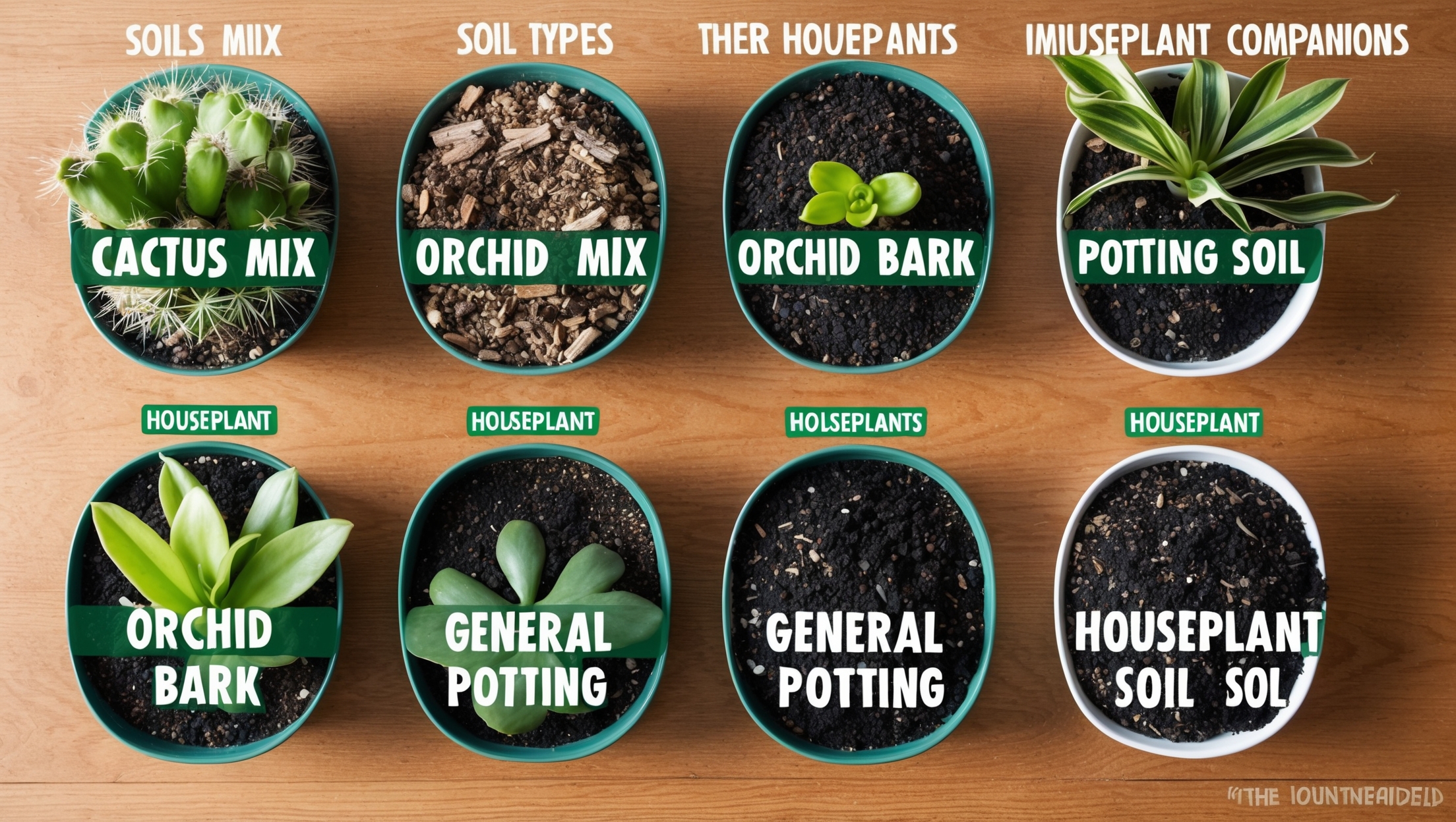 Array of labeled soil types for different houseplants like succulents, ferns, and orchids