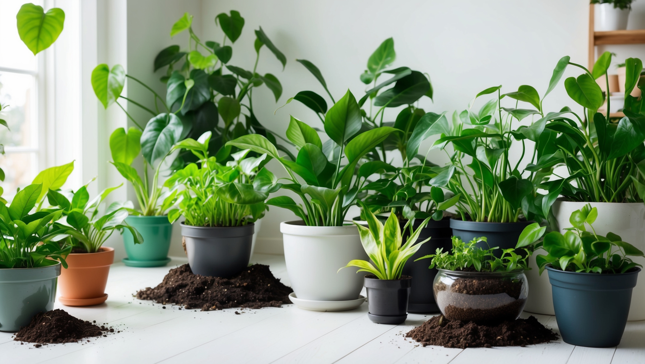 Happy green houseplants in a bright room with fresh soil