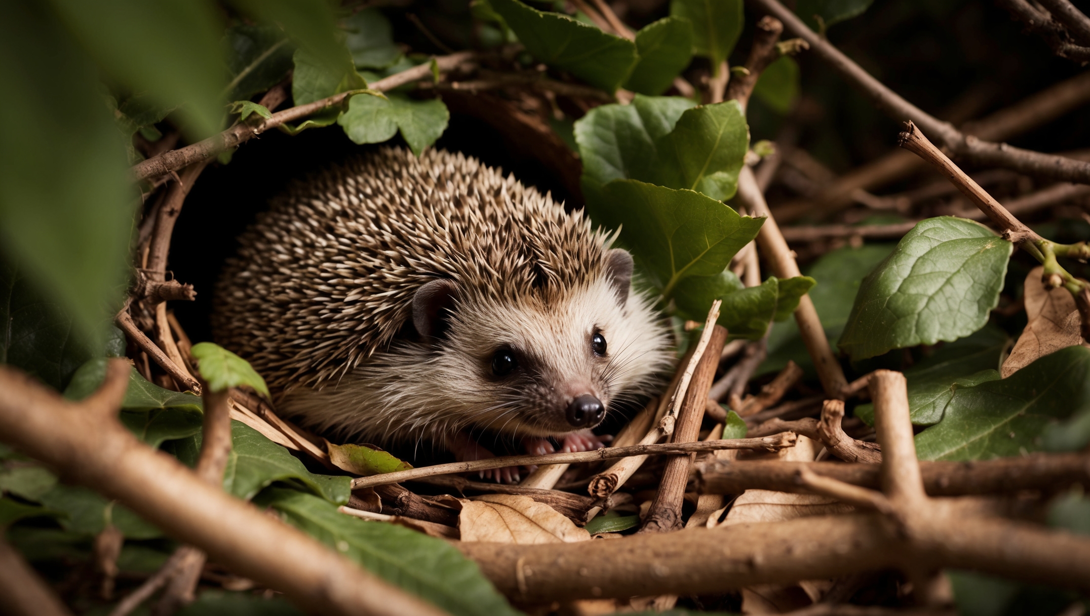 A close-up capture of a hedgehog nestled among leaves and twigs in a garden setting