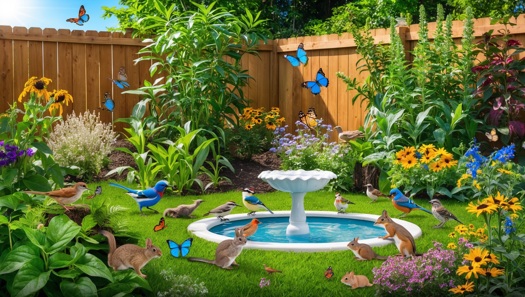 A lush, inviting backyard with various wildlife visitors such as birds and butterflies