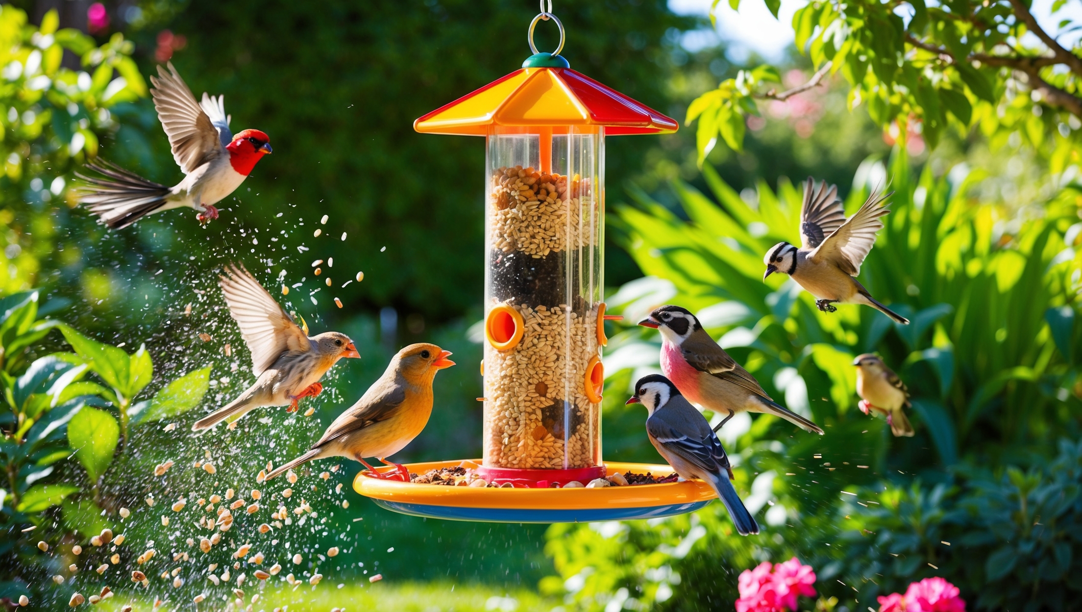 A vibrant bird feeder hanging in a lush garden, surrounded by birds