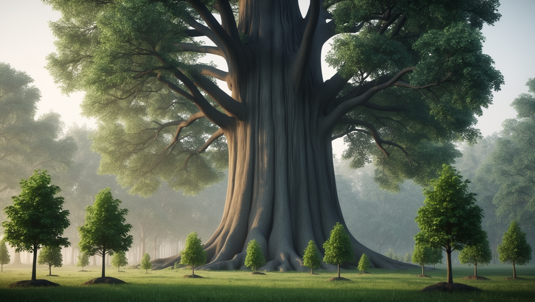 Towering mother tree nurturing young saplings